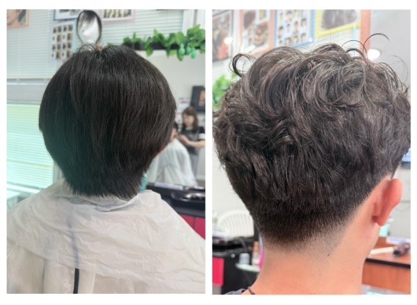 Before and after: a boy's straight hair given a soft perm with a tapered neckline at Simple Cuts Framingham by Hannah