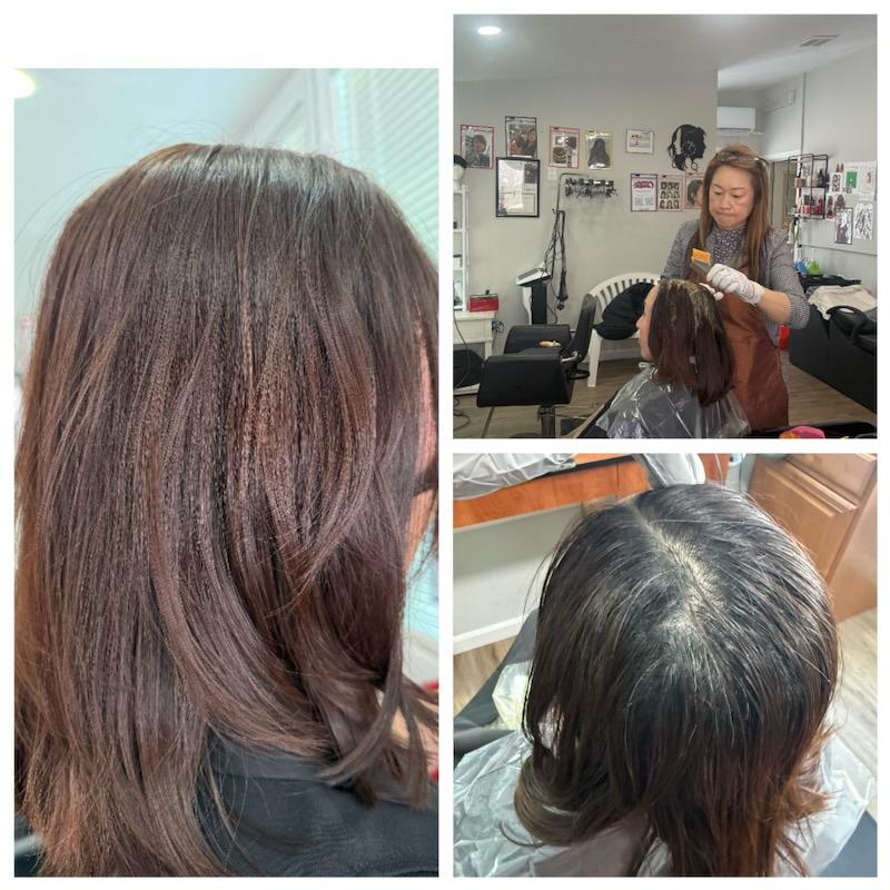 Before, during, and after a color service: dark roots covered and finished in a warm brown at Simple Cuts Framingham by Hannah