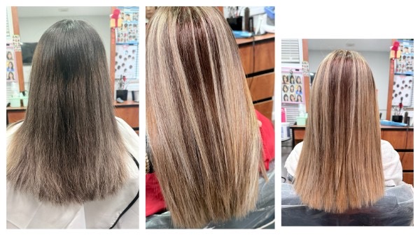 Before and after: dark, dry hair transformed with blonde highlights at Simple Cuts Framingham by Hannah