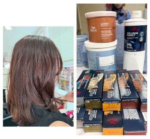 A brown layered cut beside the Wella Koleston Perfect, BlondorPlex, and Welloxon products used at Simple Cuts Framingham by Hannah