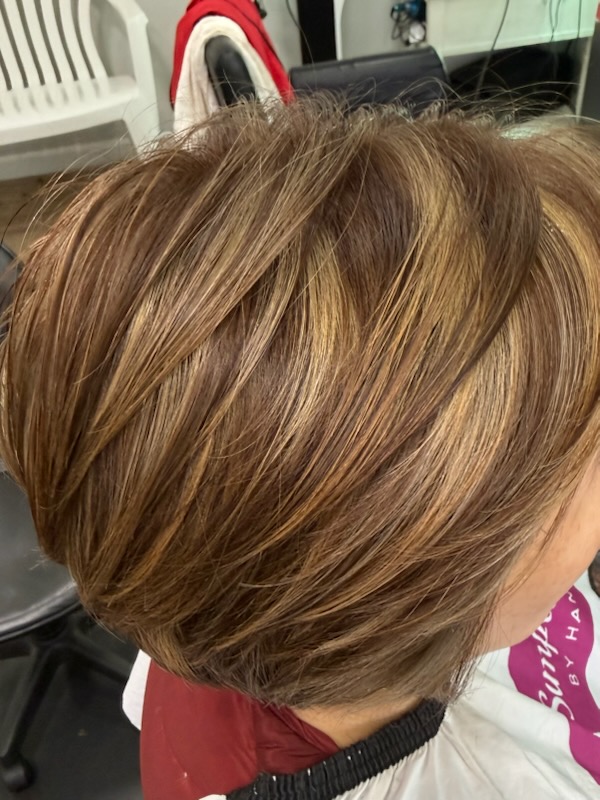 Short layered bob with caramel highlights at Simple Cuts Framingham by Hannah